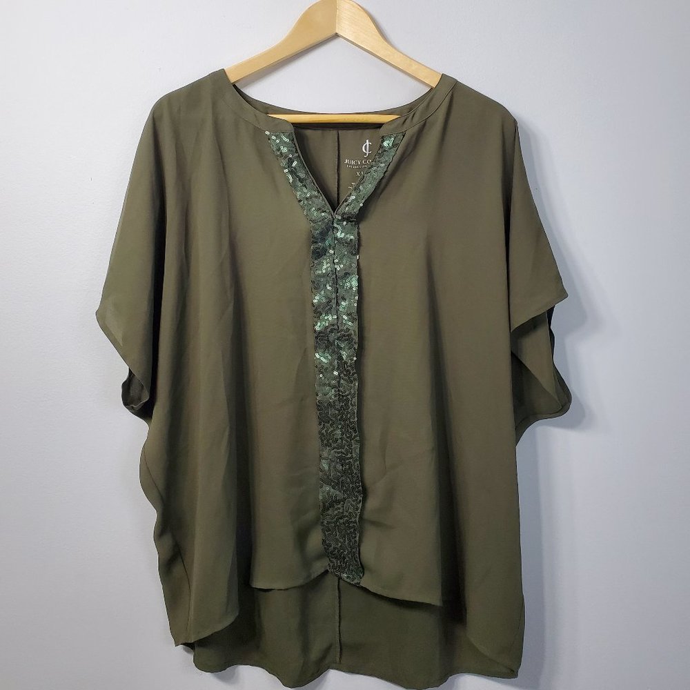 Juicy Couture Olive Green Flowy Sequin Blouse | Size X Large